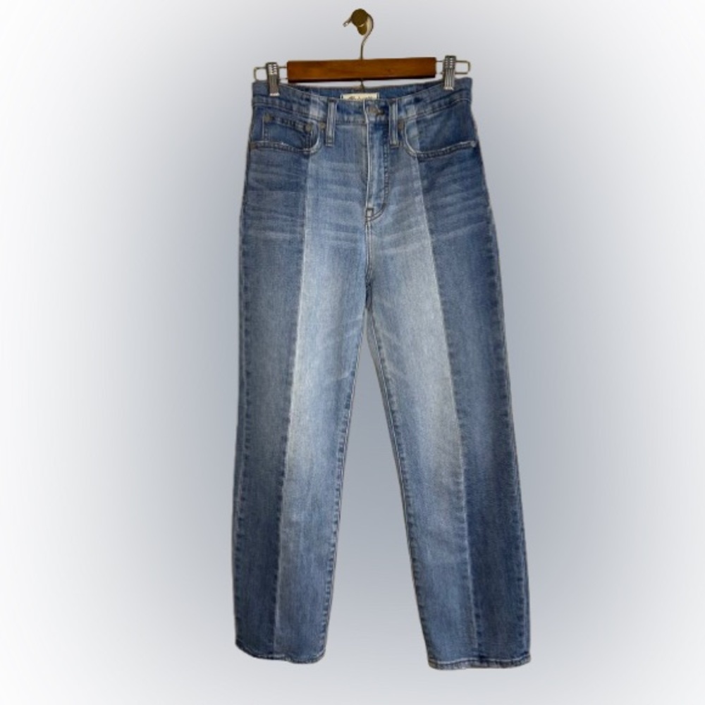 Madewell NWOT blue straight leg jeans with unique color block design size 25